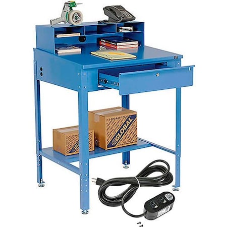 Global Industrial Sloped Shop Desk w/ Pigeonhole Riser & Outlets, 34-1/2inW x 30inD, Blue 254635KIT